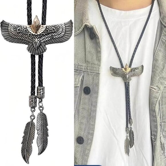 Flying Eagle Gold and Silver Black Braided Rope Bolo Necktie Necklace NEW - Picture 1 of 4